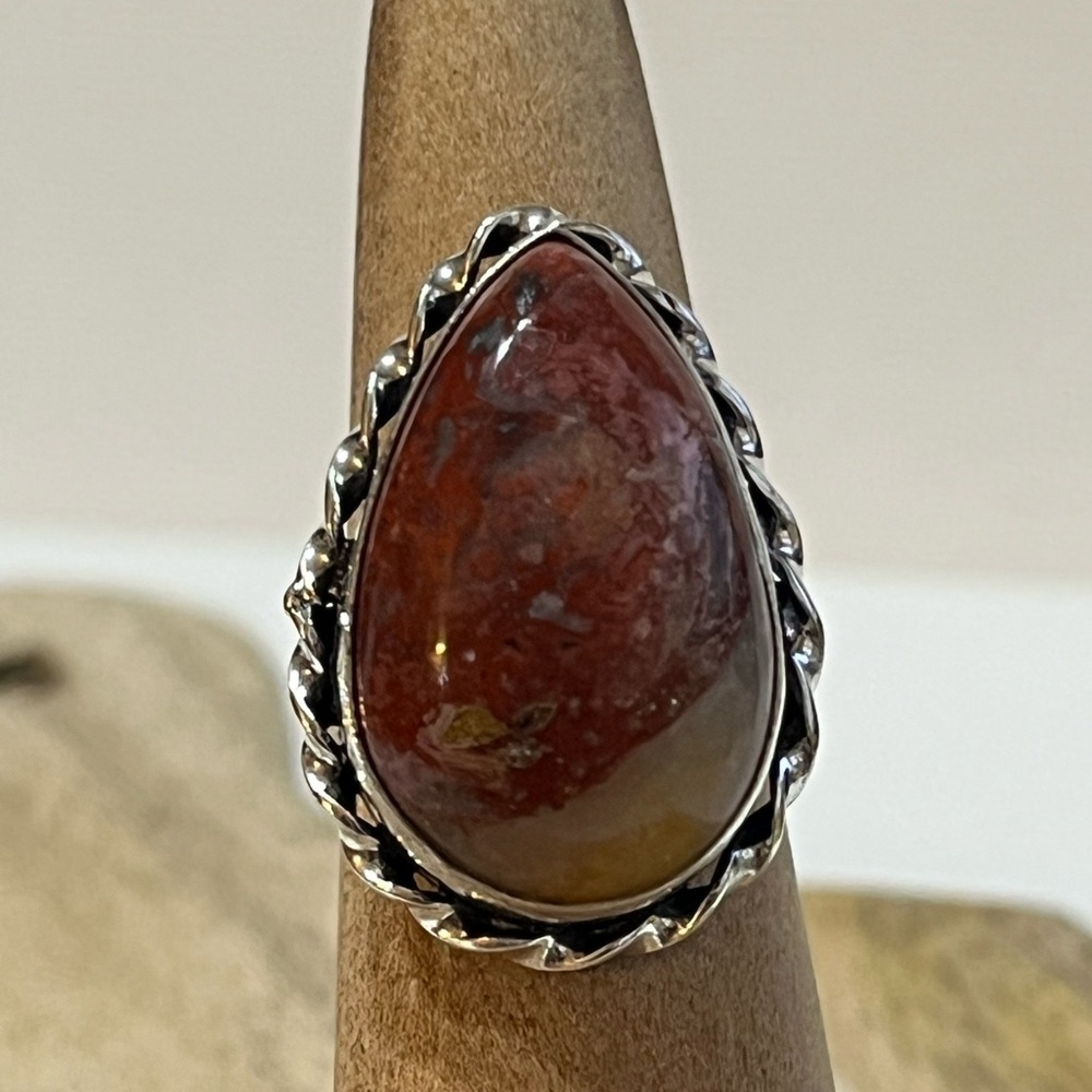 BRECCIATED JASPER GEMSTONE RING SIZE 6.25 STAMPED 925 SILVER PLATED